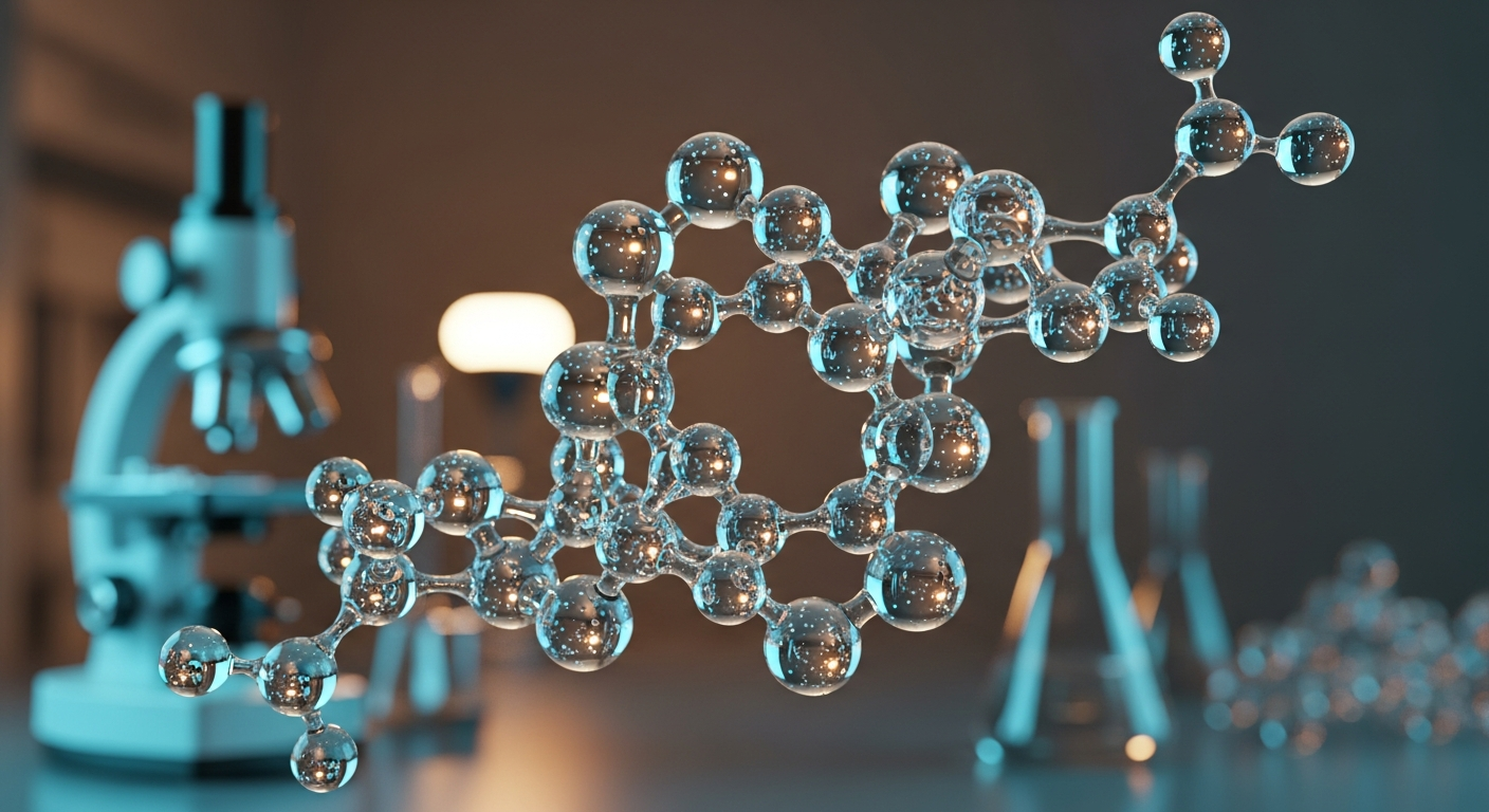 A cinematic 3D rendering of a glowing cyclic peptide molecular sequence with abstract bonds, lit by cyan and amber laboratory lights.