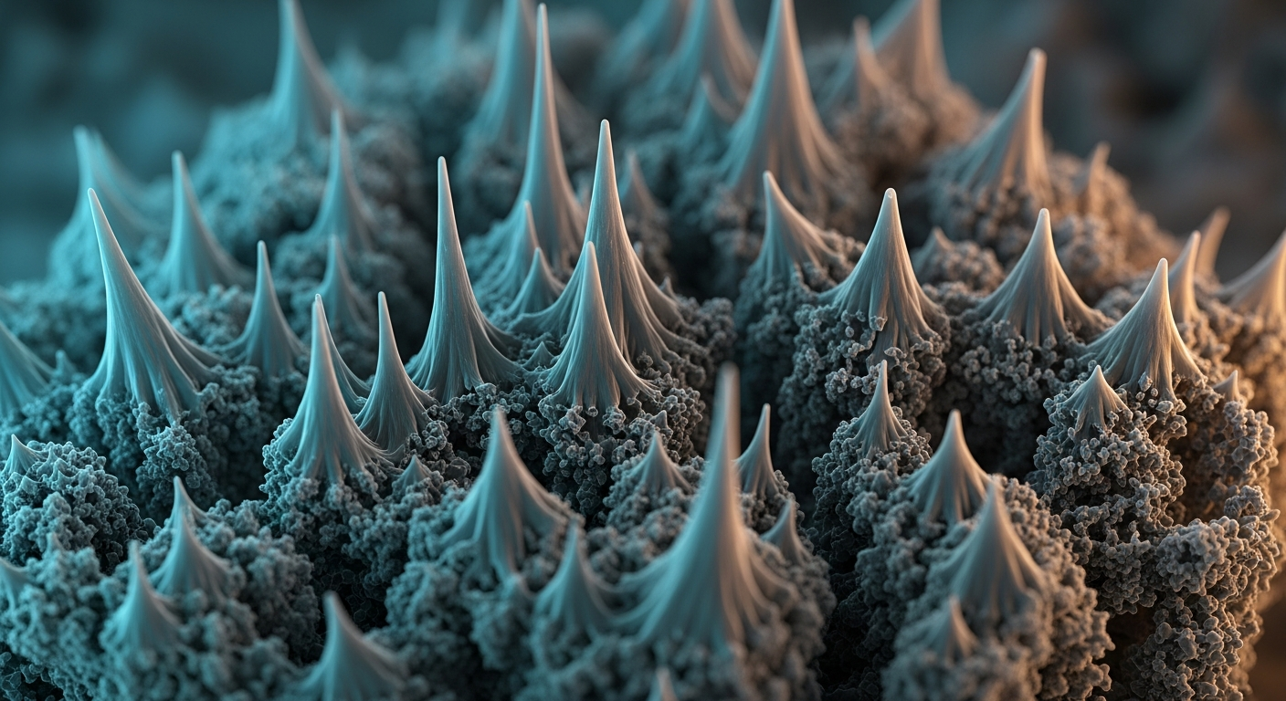An ultra-high contrast black-and-white scanning electron microscope (SEM) view of a highly detailed, textured peptide crystalline structure.