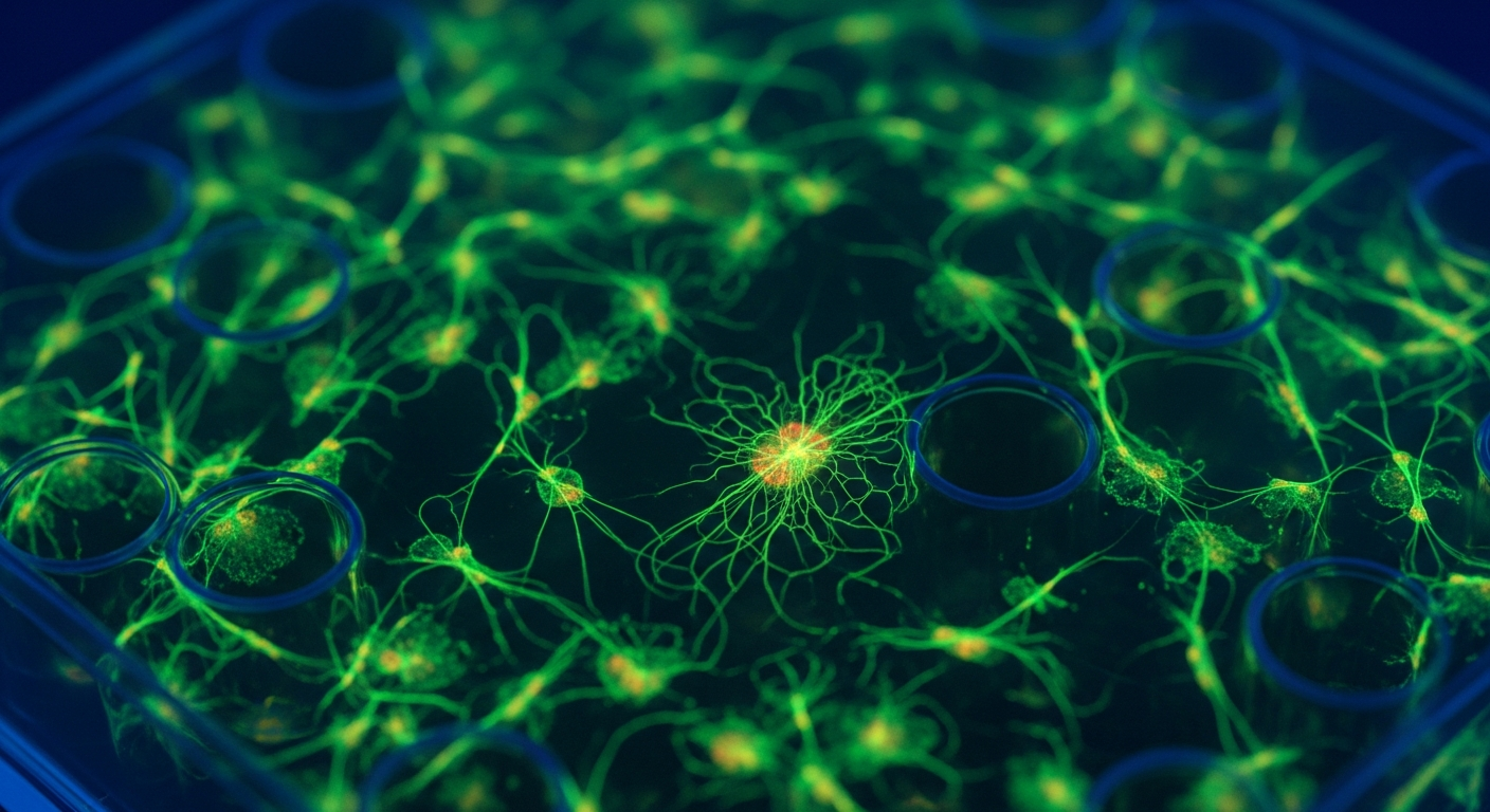 Fluorescent stained in-vitro cell cultures glowing under UV light, highlighting detailed mitochondrial networks in a scientific laboratory setting.