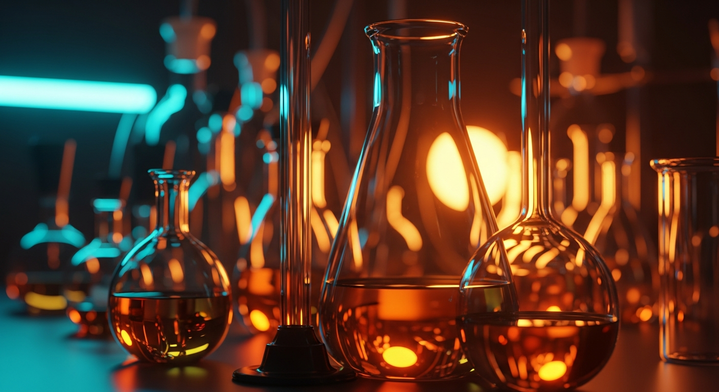 A close-up of amber UV-resistant laboratory glassware illuminated by warm tungsten lighting with a soft, detailed bokeh background.