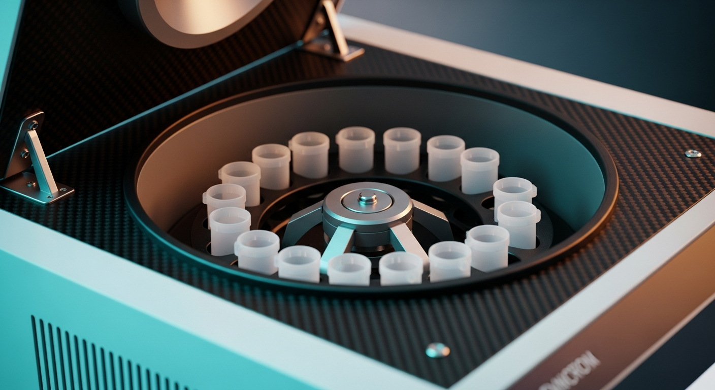 A modern high-speed laboratory centrifuge with sleek metallic finishes under dramatic cyan and amber lighting.