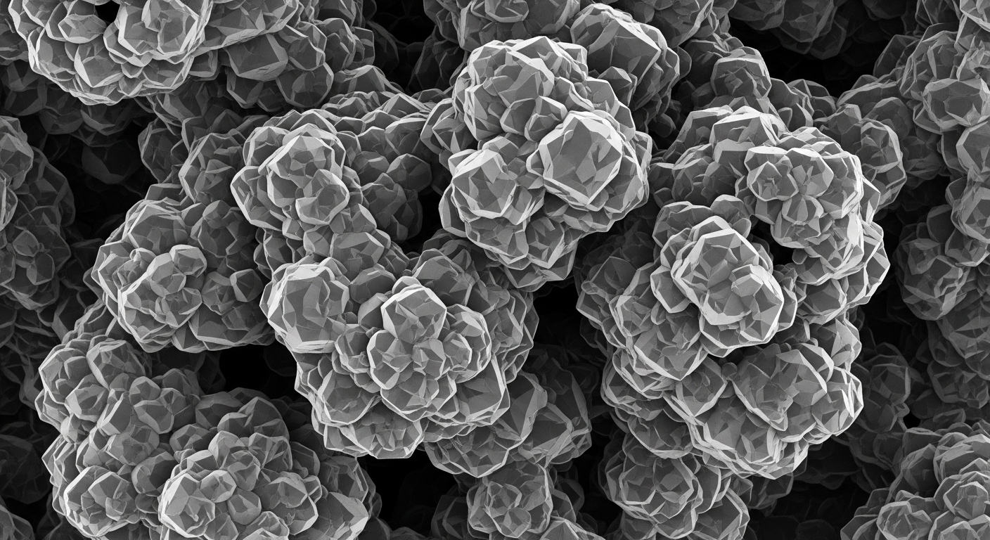 An ultra-high contrast, 3D textured black-and-white scanning electron microscope (SEM) image of a peptide crystalline structure.