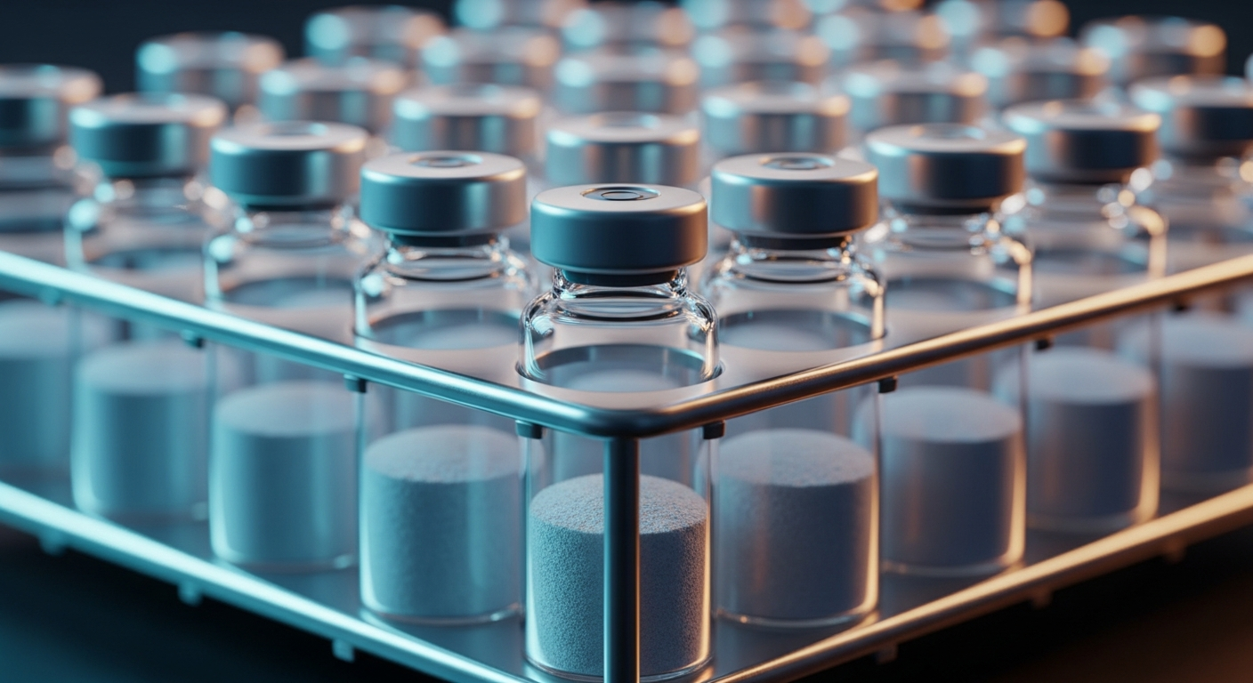 A row of sterile laboratory glass vials containing a flat layer of fine white powder, set against a dark bokeh background.