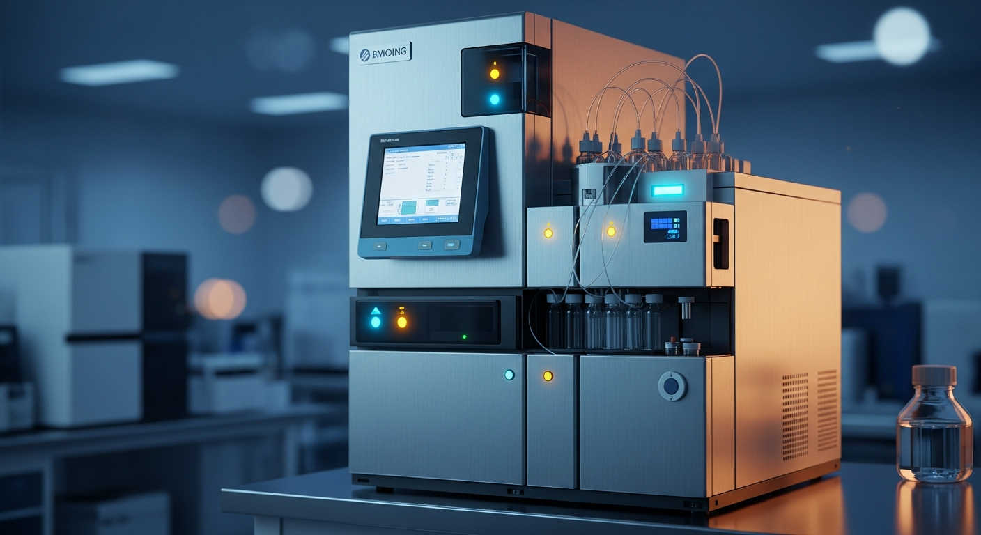 High-tech HPLC machine operating inside a sterile laboratory, illuminated by dramatic cyan and amber lighting.