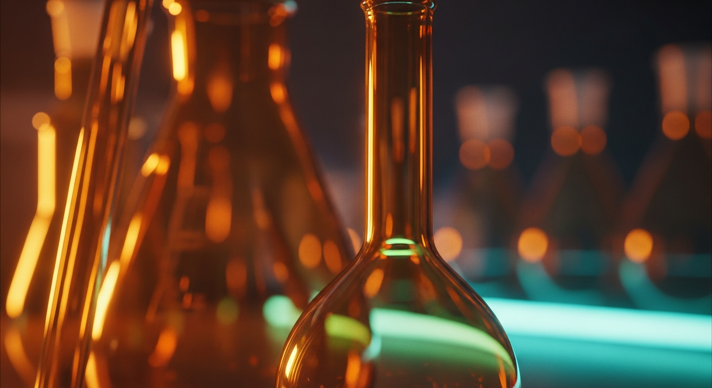 Close-up macro shot of amber UV-resistant laboratory glassware under warm tungsten lighting with a soft bokeh background.