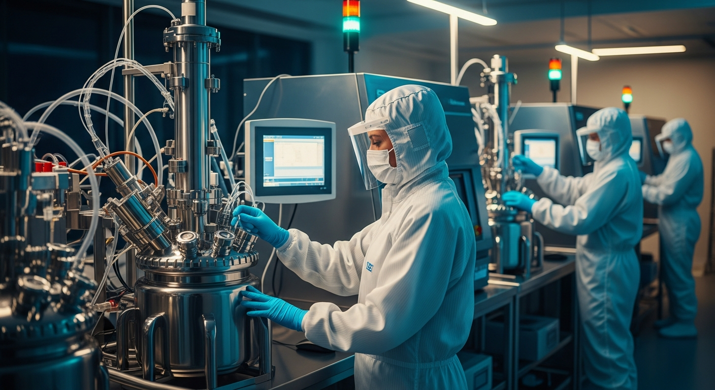 Laboratory technicians in full protective white PPE suits operating advanced synthesis machinery in a sterile B2B cleanroom environment under dramatic cinematic lighting.