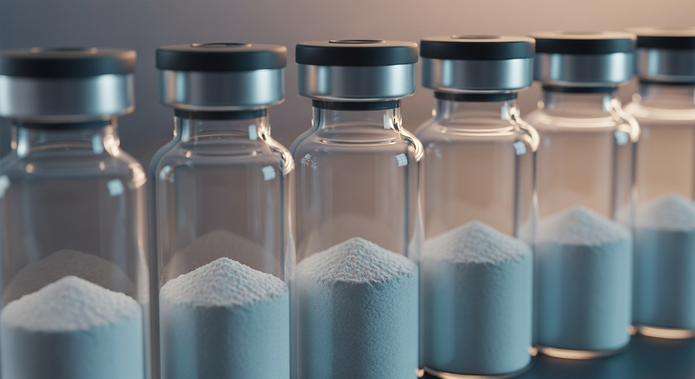 A row of standard upright laboratory glass vials containing a flat, level layer of fine white powder at the bottom, set against a high depth of field background with cyan and amber lighting.
