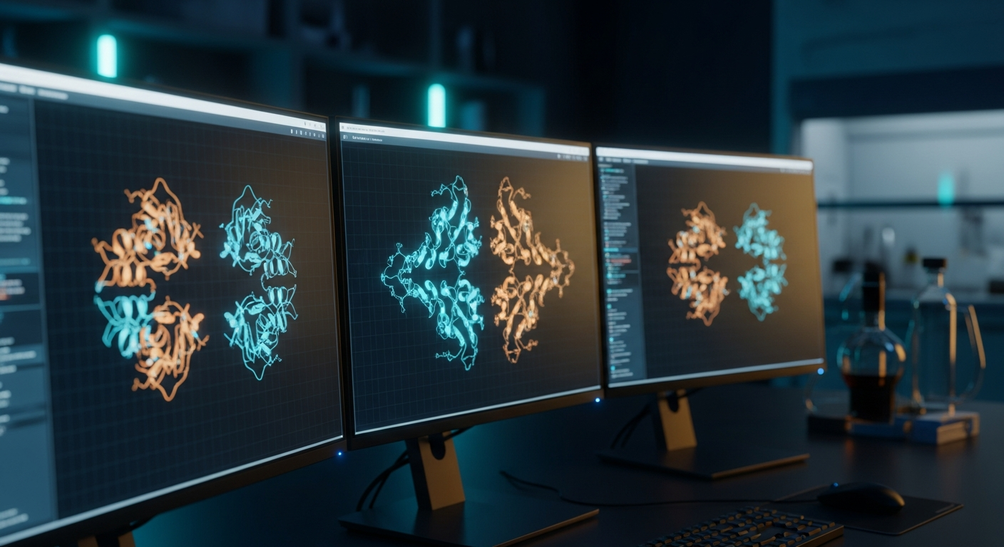A modern bioinformatics workstation displaying complex 3D protein-folding ribbon diagrams of a peptide on high-resolution computer monitors under dramatic laboratory lighting.