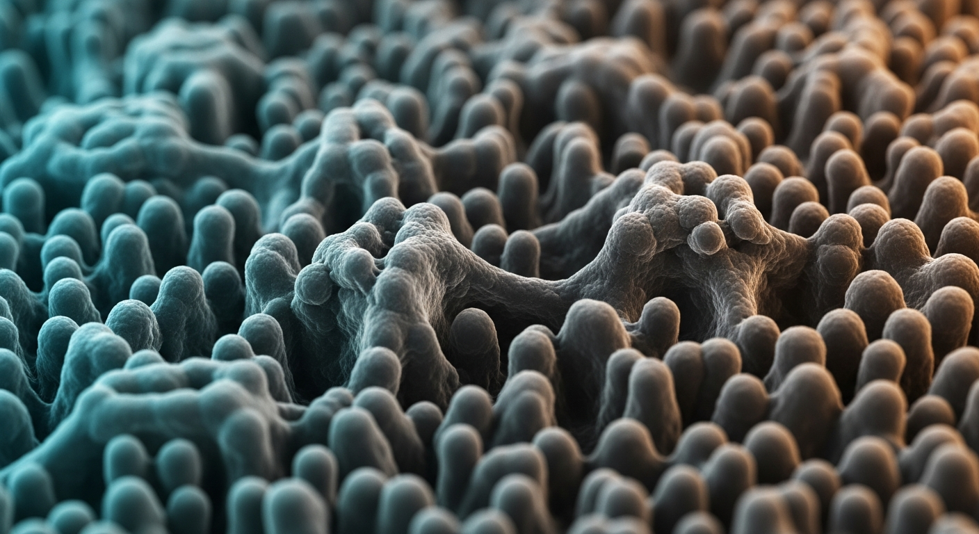An ultra-high contrast Scanning Electron Microscope (SEM) image showing the detailed 3D textured surface of cell membrane receptors.