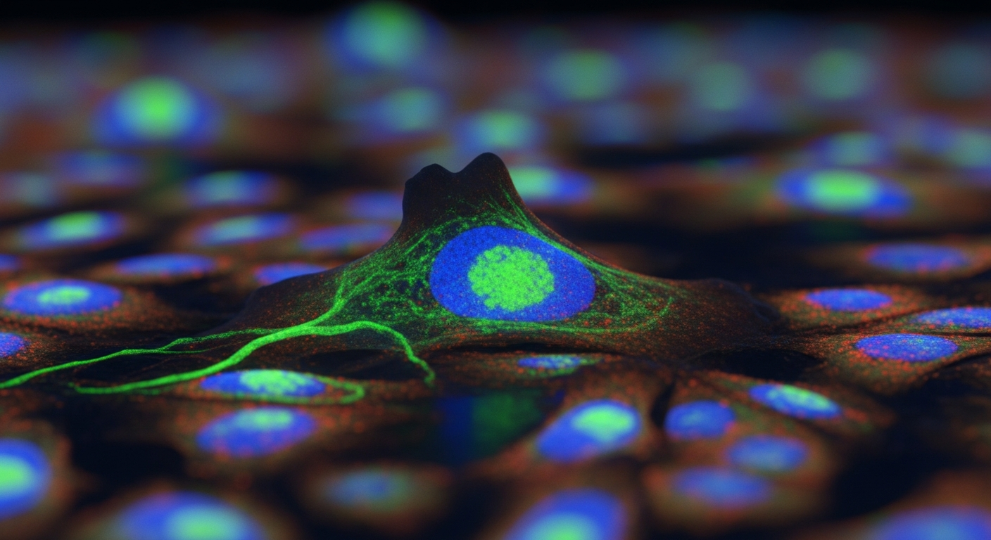 Fluorescent stained in-vitro cell cultures glowing under UV light in a high-throughput screening laboratory environment.