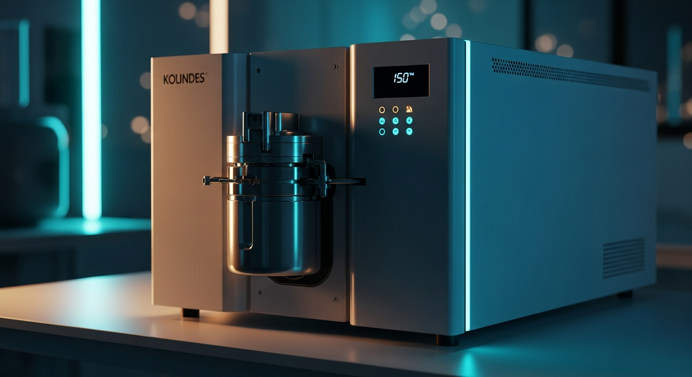 An ultra-modern mass spectrometer machine on a pristine laboratory bench, illuminated by dramatic cyan and amber cinematic lighting.