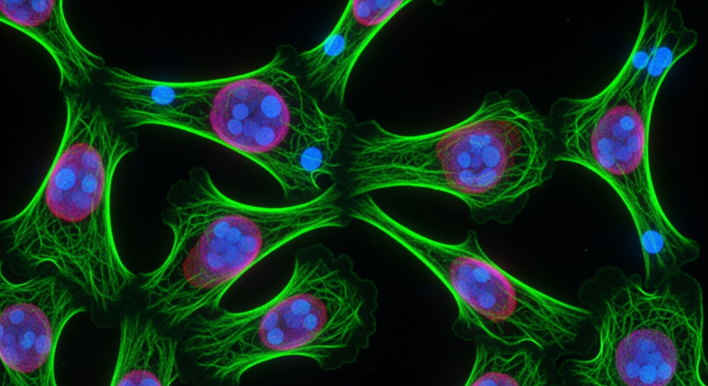 A high-resolution fluorescent microscopy image showing glowing neon green, magenta, and cyan cellular structures against a pitch-black background.
