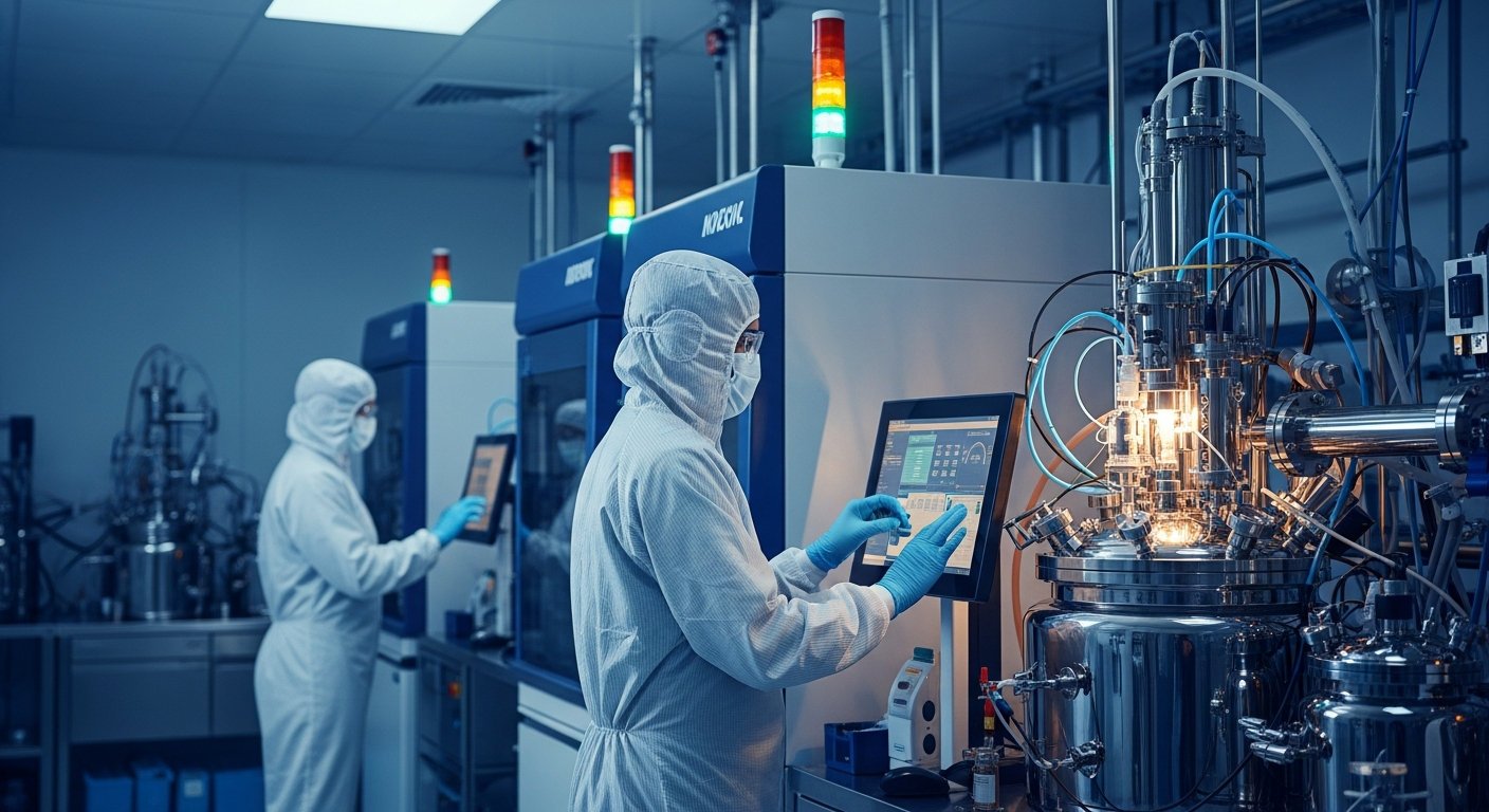 Laboratory technicians in white protective suits operating advanced synthesis machinery in a sterile B2B cleanroom with cinematic cyan and amber lighting.