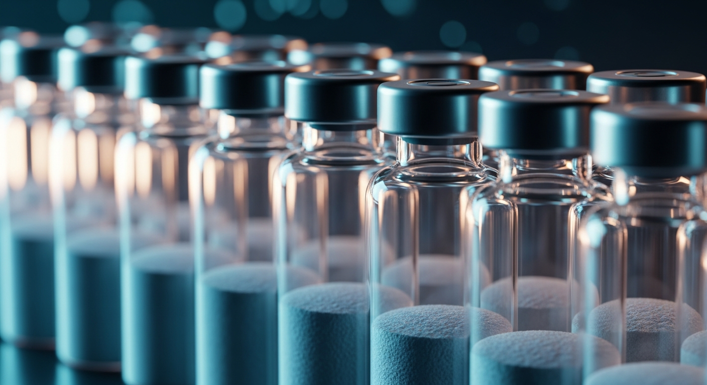 A precise row of upright laboratory vials containing flat, frosty white powder at the bottom, set against a cinematic bokeh background with cyan and amber lighting.