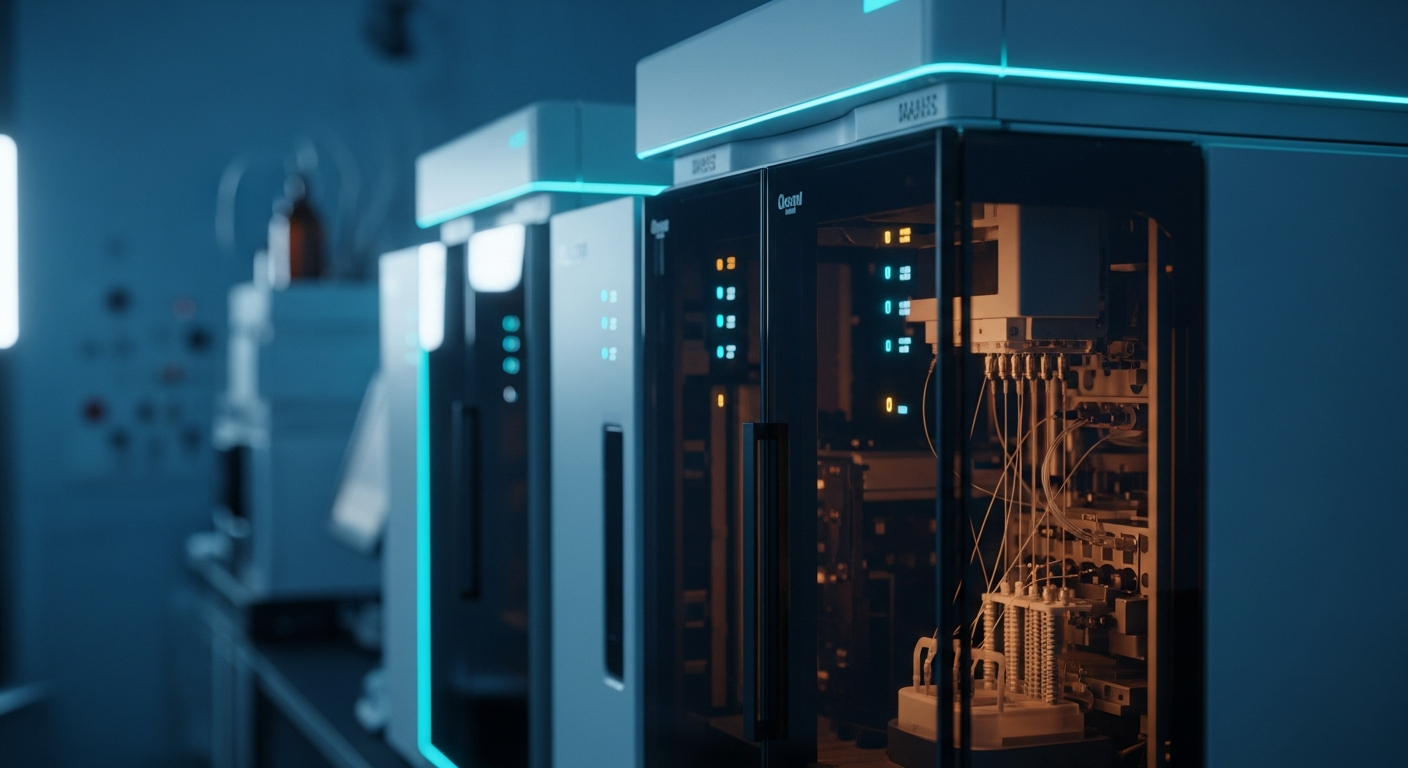 A high-tech Liquid Chromatography (HPLC) machine operating in a sterile, modern laboratory cleanroom, illuminated by dramatic cyan and amber lighting.