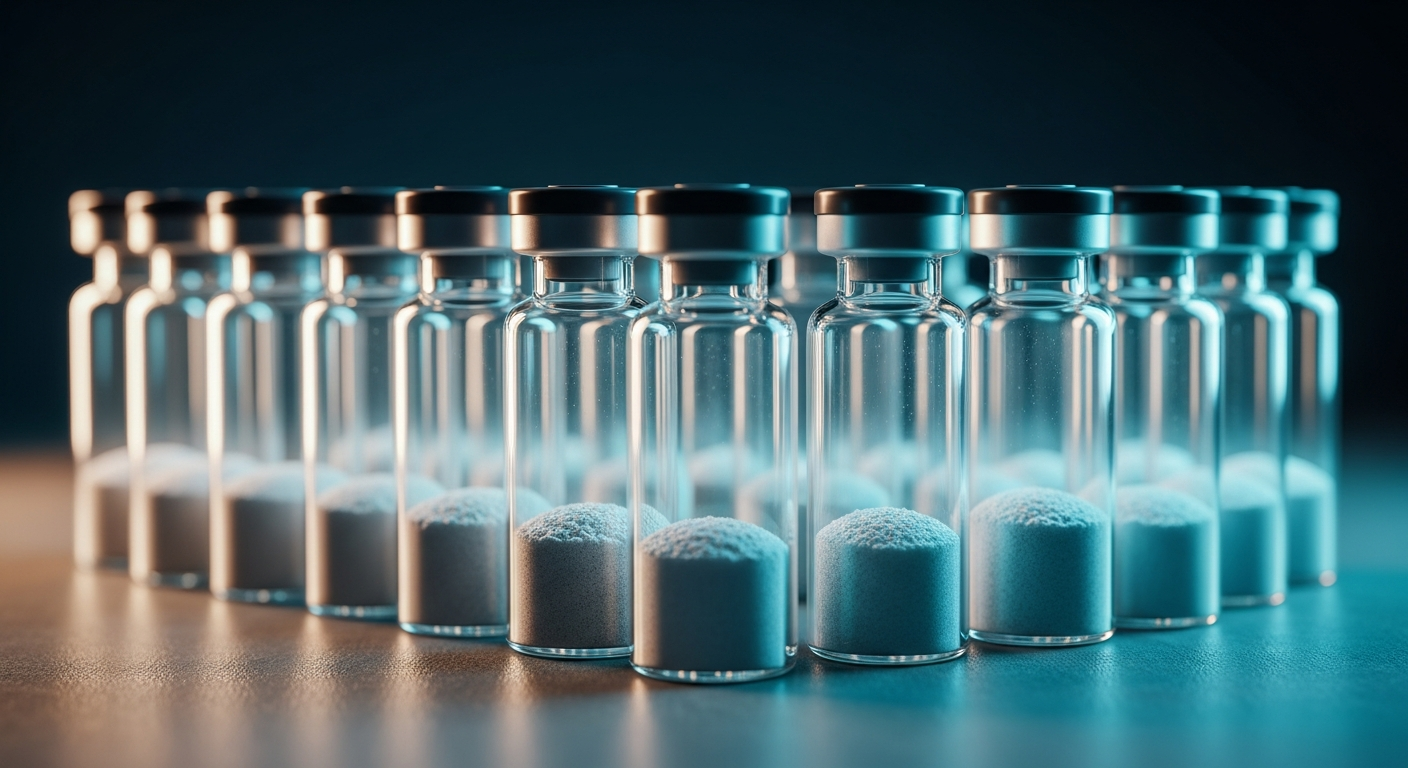 A pristine row of upright glass laboratory vials with metallic crimp tops, containing perfectly flat, fine white powder at the bottom, set against a soft bokeh background.