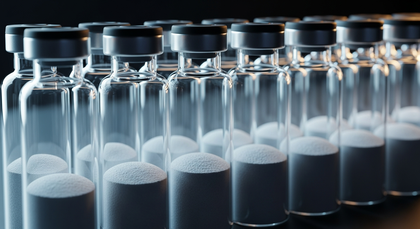 A perfectly organized row of pristine laboratory glass vials containing a flat, level layer of fine white powder at the bottom, illuminated by dramatic cyan and amber lighting in a high-tech lab setting.