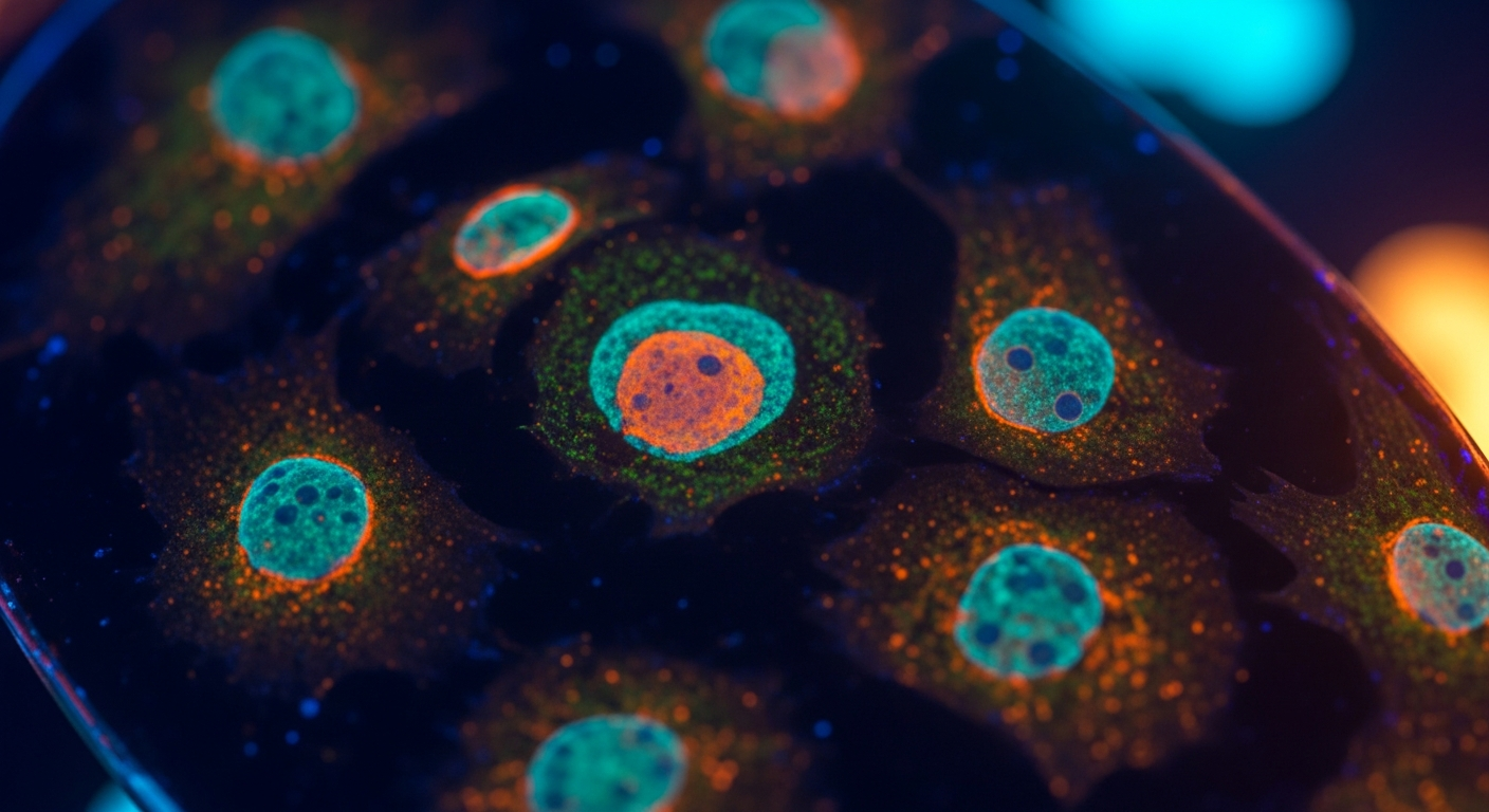 Fluorescent stained in-vitro cell cultures glowing under UV light, highlighting cellular structures and mitochondria in a laboratory setting.
