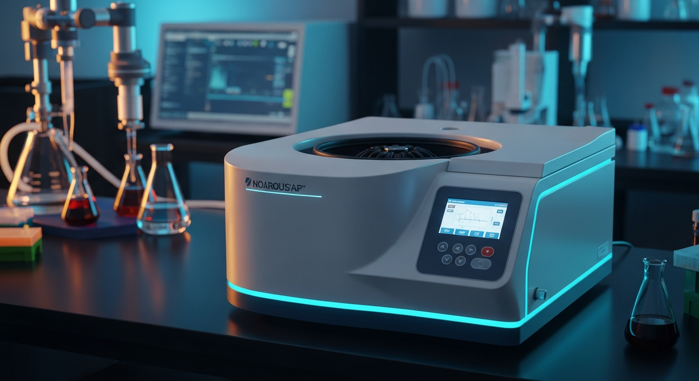 A modern high-speed laboratory centrifuge with a sleek digital interface and polished metallic rotor, illuminated by dramatic cyan and amber lighting in a state-of-the-art scientific lab.