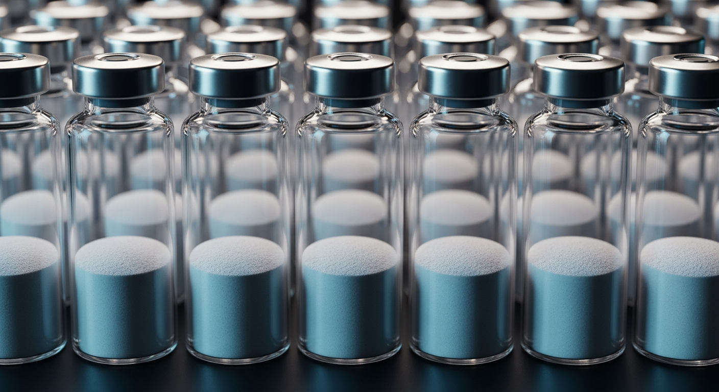 A pristine row of upright glass laboratory vials containing a perfectly flat, level layer of fine white powder at the bottom, shot with dramatic cinematic lighting.