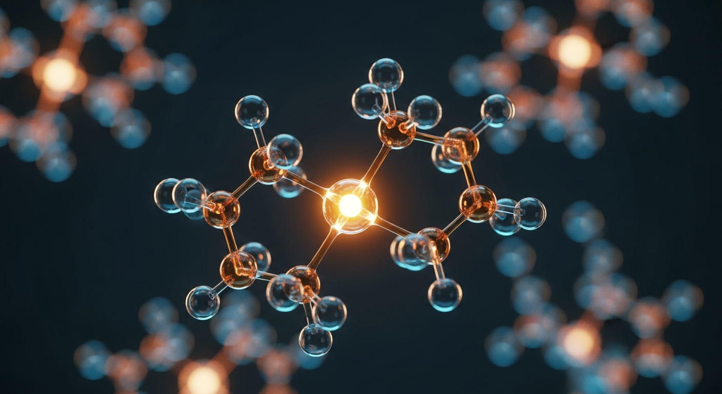 A cinematic 3D rendering of glowing abstract molecular bonds and peptide sequences, highlighting a central copper-peptide coordination complex with elegant blue and amber lighting.