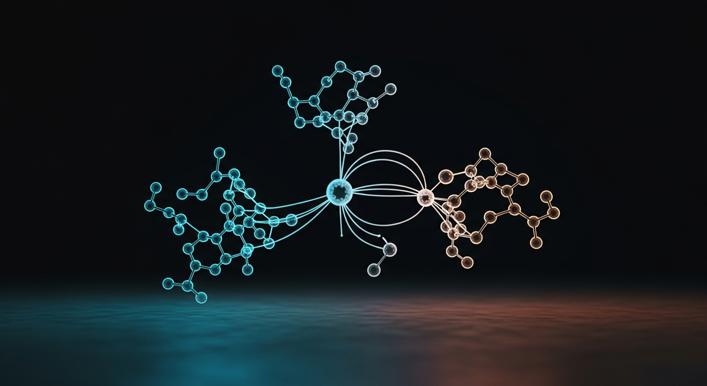A clean and minimalist 2D scientific vector graphic depicting an unlabeled abstract node-and-network biological pathway in blue and copper tones.