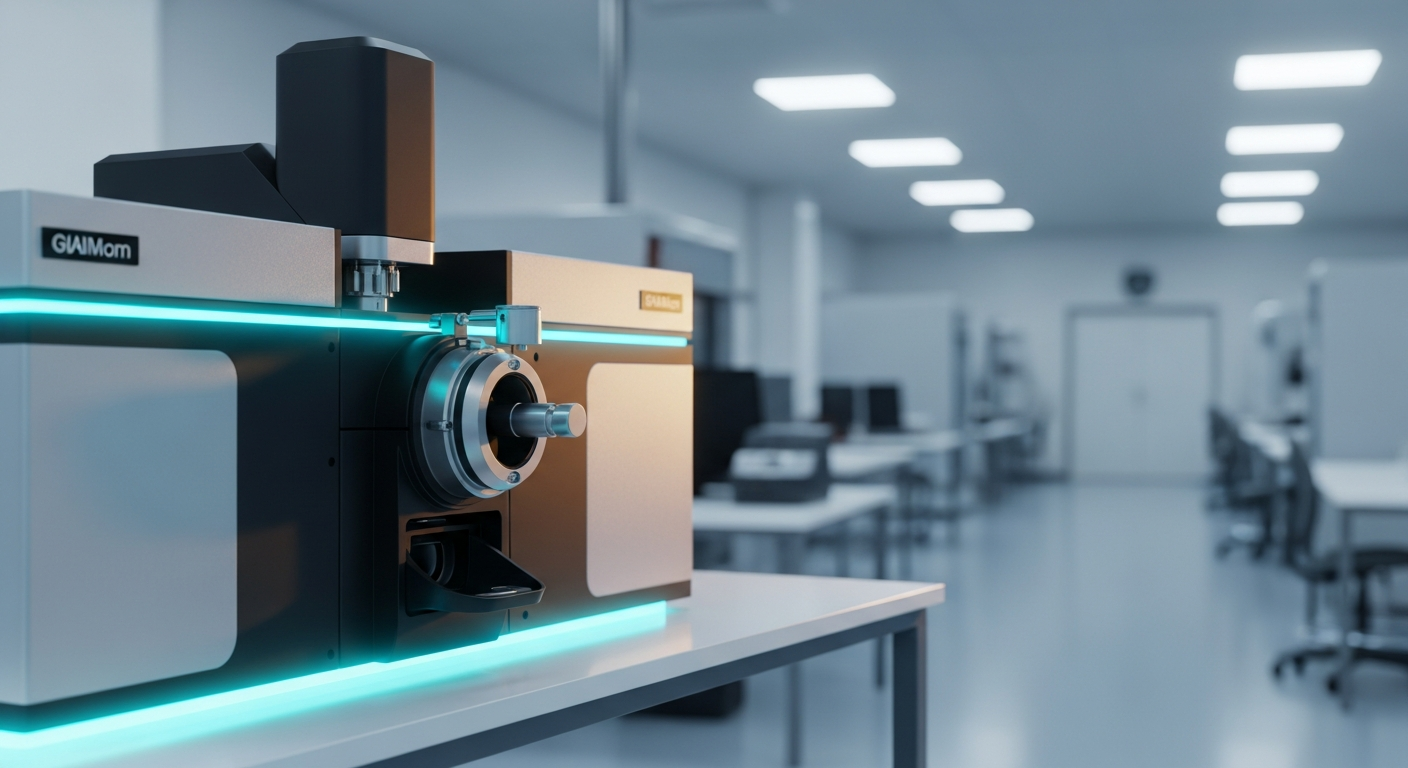 An ultra-modern mass spectrometer machine on a clean, reflective laboratory bench under dramatic blue and amber lighting.