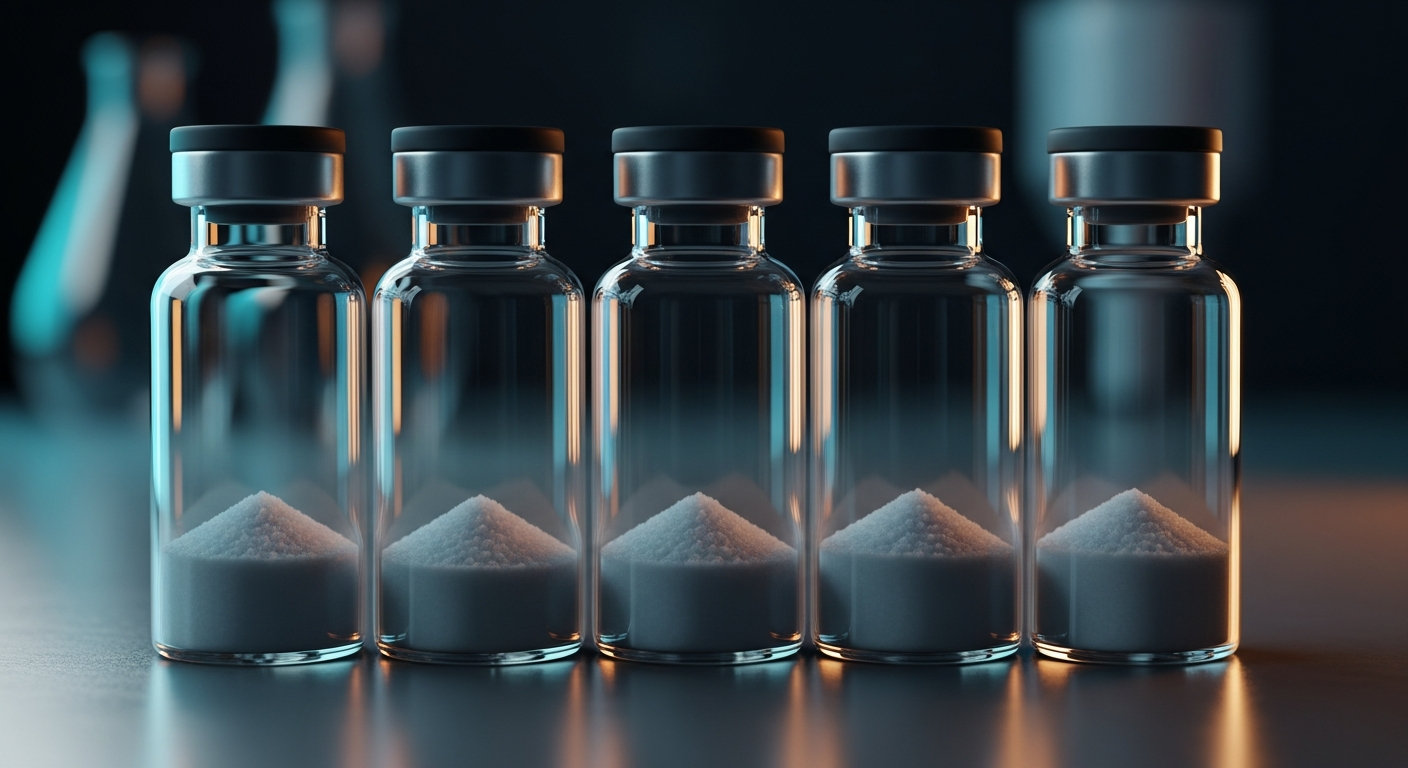 A row of pristine, upright laboratory glass vials containing a flat, level bed of fine white powder at the bottom, set against a blurred high-tech lab background.