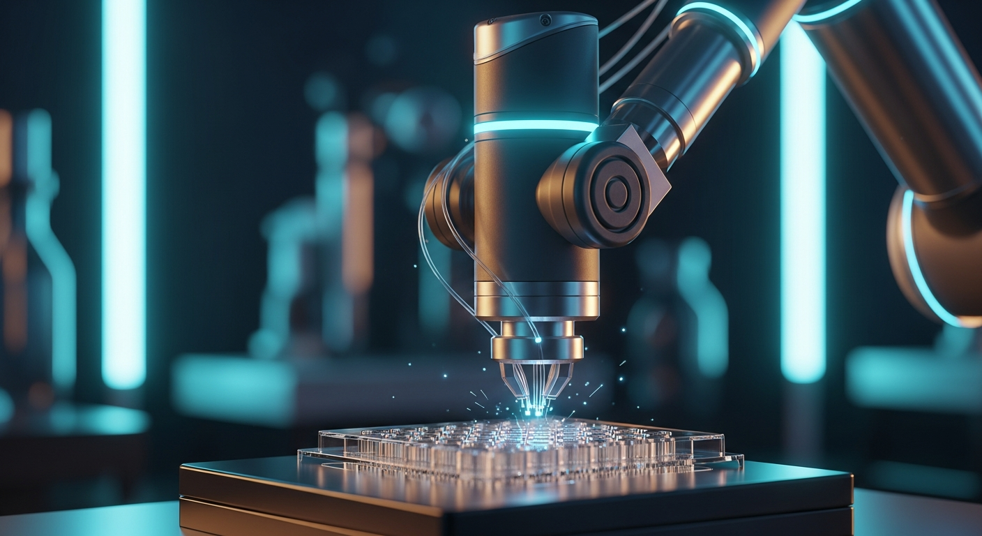 Sleek robotic microplate handler arm operating over a multi-well plate in a sterile, high-tech B2B laboratory with cinematic cyan and amber lighting.