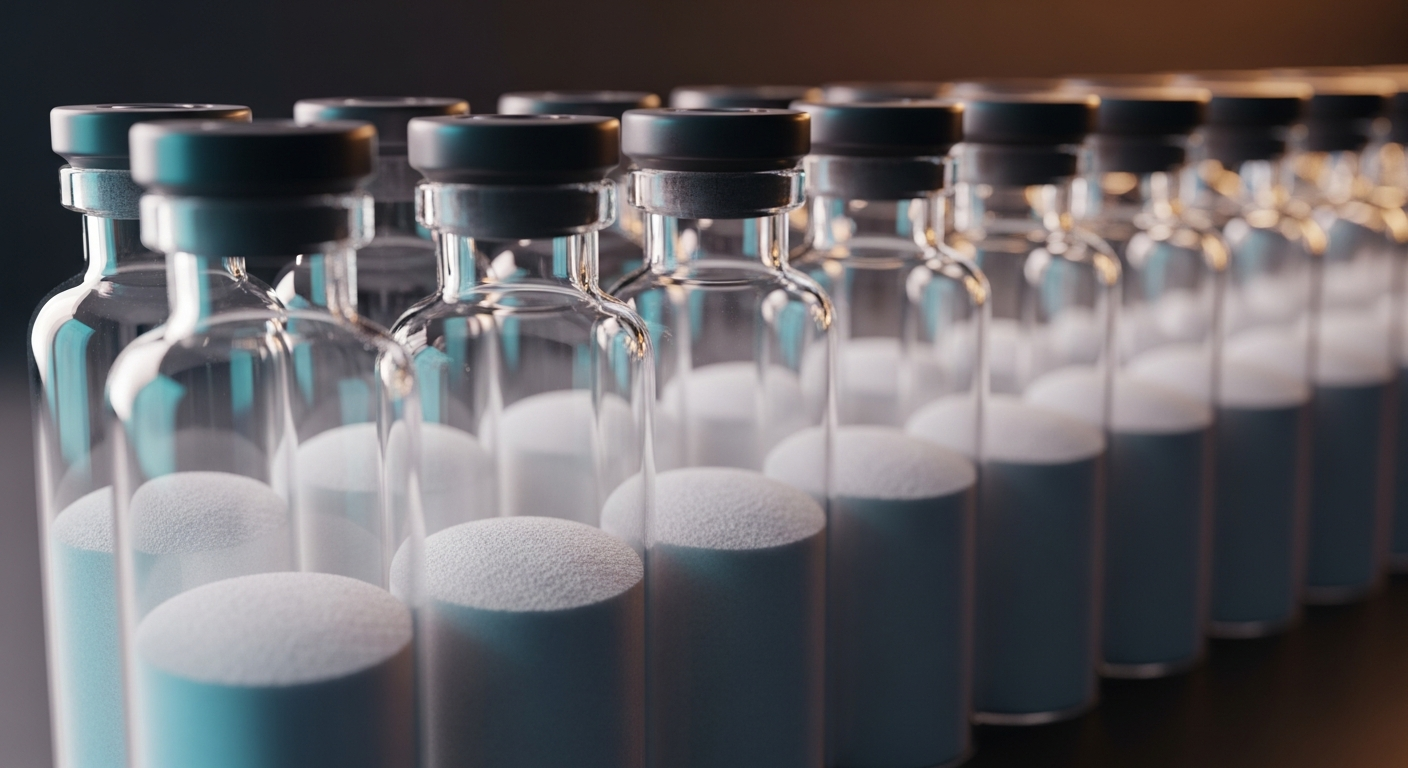 A pristine row of upright laboratory glass vials containing perfectly flat, frosty white powder, set against a dramatic, softly blurred high-tech lab background.