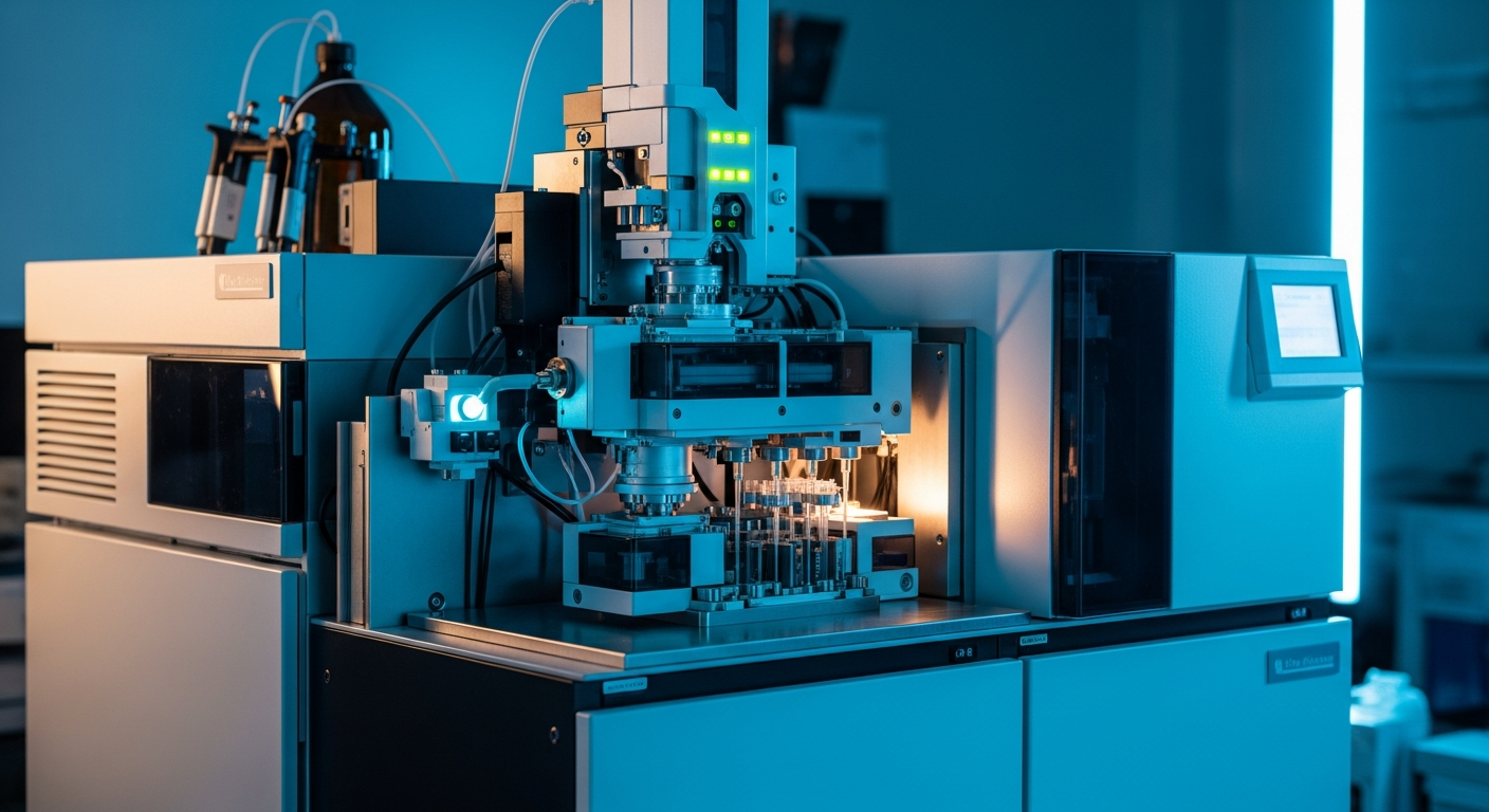 A high-tech Liquid Chromatography machine operating in a sterile cleanroom with cinematic lighting.