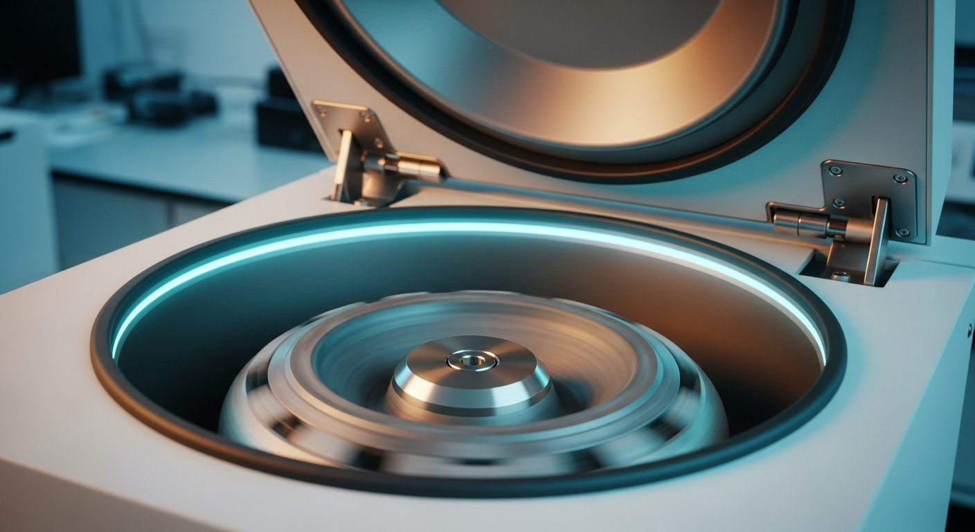 A modern high-speed laboratory centrifuge with an open lid, showcasing a sleek titanium rotor chamber under dramatic cyan and amber cinematic lighting.