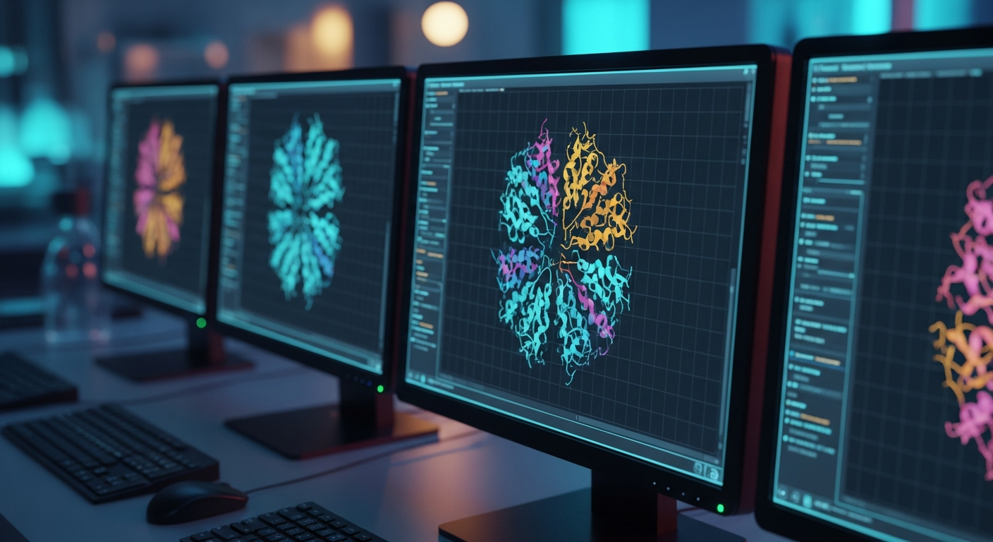 High-tech bioinformatics computer monitors in a sterile laboratory displaying intricate 3D protein-folding ribbon diagrams under cinematic cyan and amber lighting.