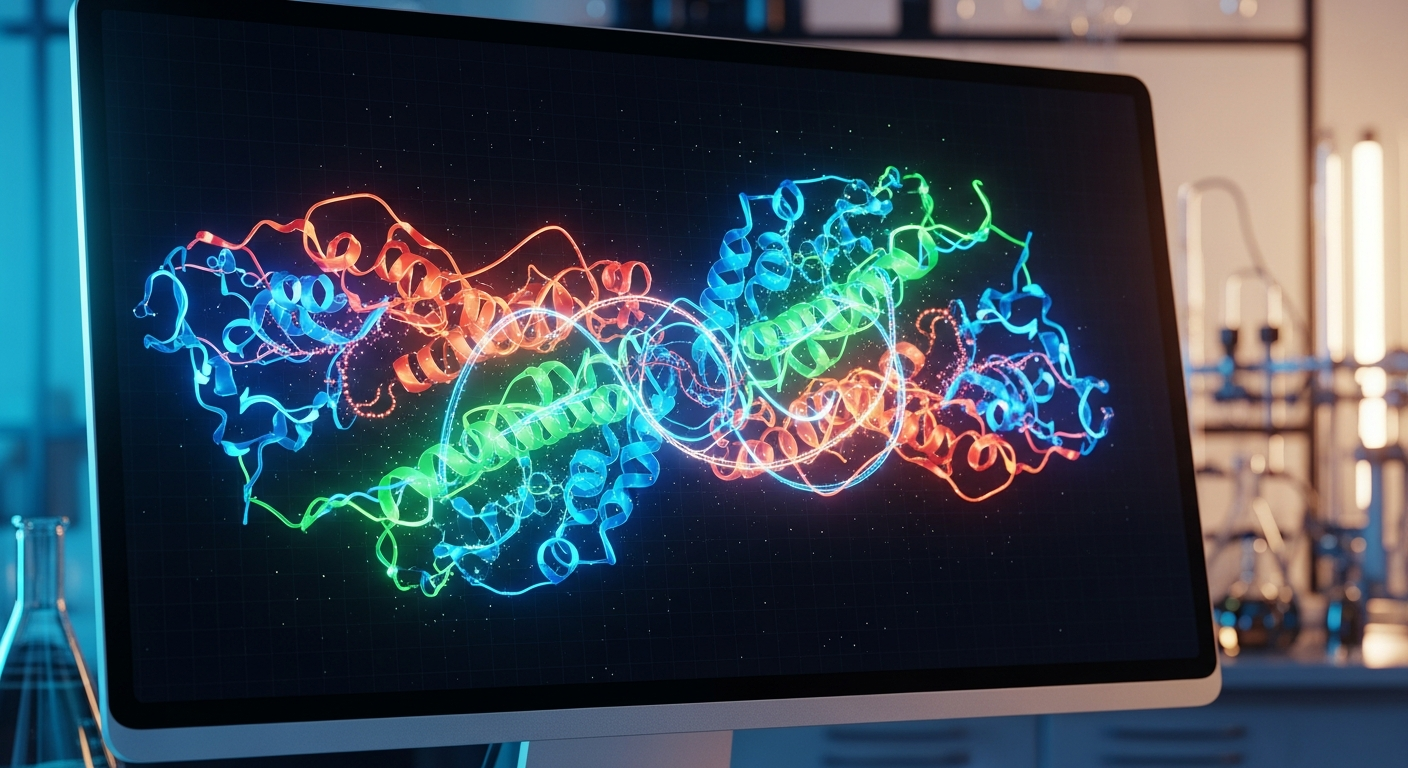 A high-tech laboratory monitor displaying a glowing 3D protein-folding ribbon diagram in a sterile scientific environment.