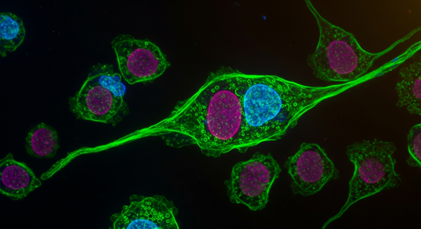 A vibrant fluorescent microscopy image showing glowing neon green, magenta, and cyan cellular structures against a dark background.
