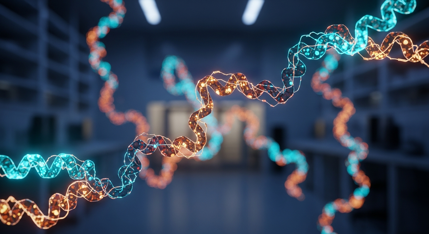 Cinematic 3D render of glowing abstract molecular bonds and peptide sequences in a high-tech laboratory setting with dramatic cyan and amber lighting.