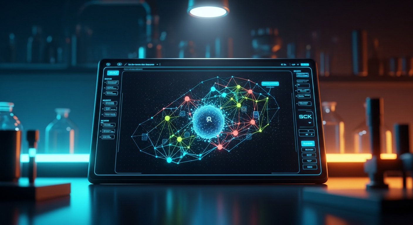 A clean, unlabeled 2D scientific vector graphic showing an abstract node-and-network biological representation on a high-tech lab display.