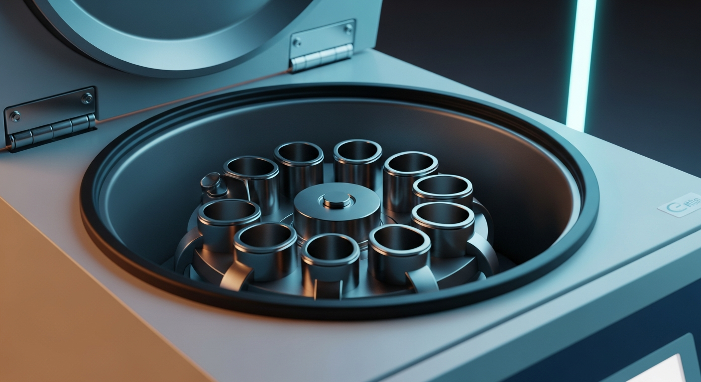 A modern high-speed laboratory centrifuge with an open rotor chamber, showcasing sleek metallic engineering under dramatic cyan and amber lighting.