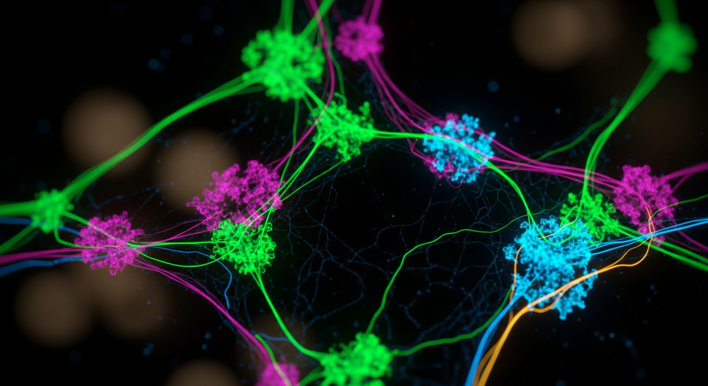 A vibrant fluorescent microscopy image showing glowing neon green, magenta, and cyan cellular structures against a pitch-black background.