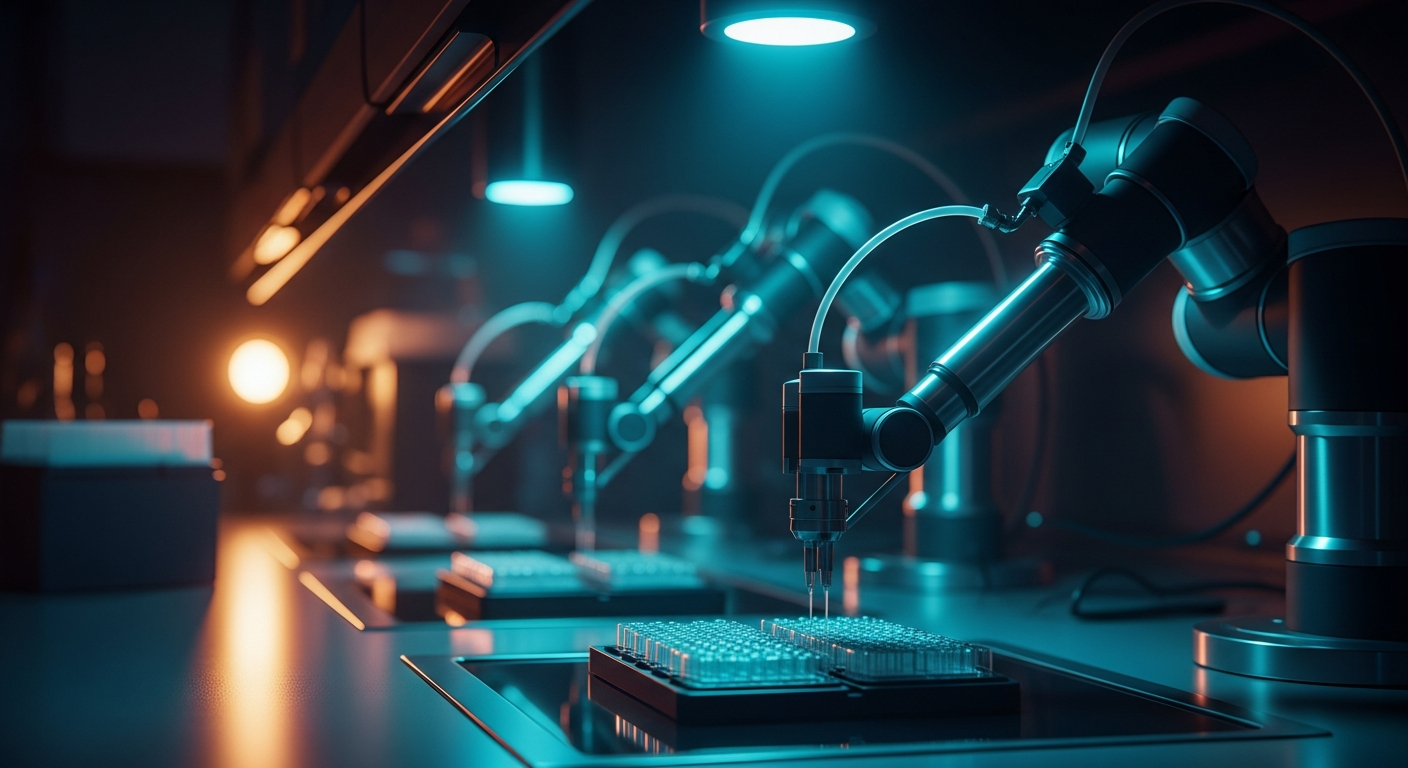 An automated robotic liquid handler system operating inside a modern, sterile B2B laboratory with dramatic cyan and amber lighting.