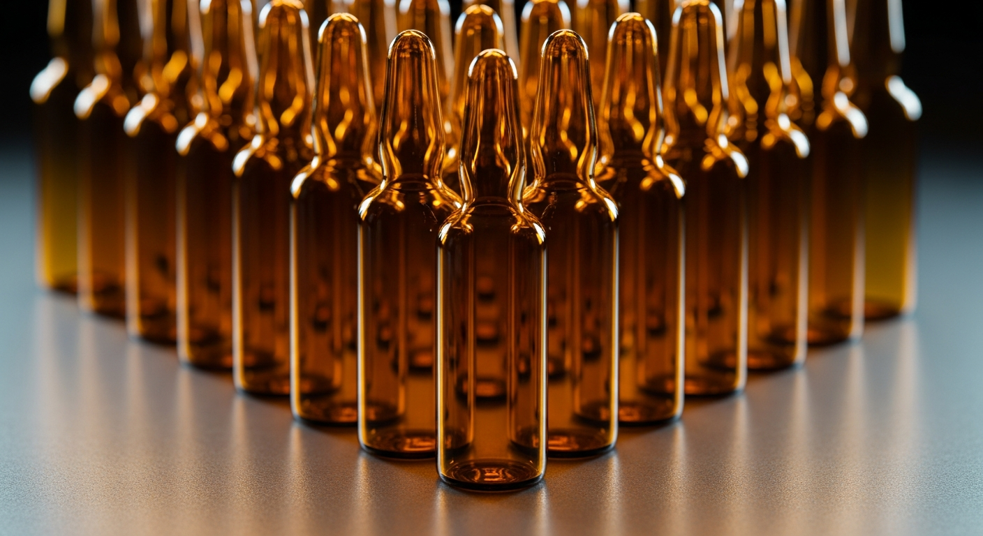 A close-up macro shot of pristine amber UV-resistant laboratory glassware under warm tungsten and cinematic lighting.