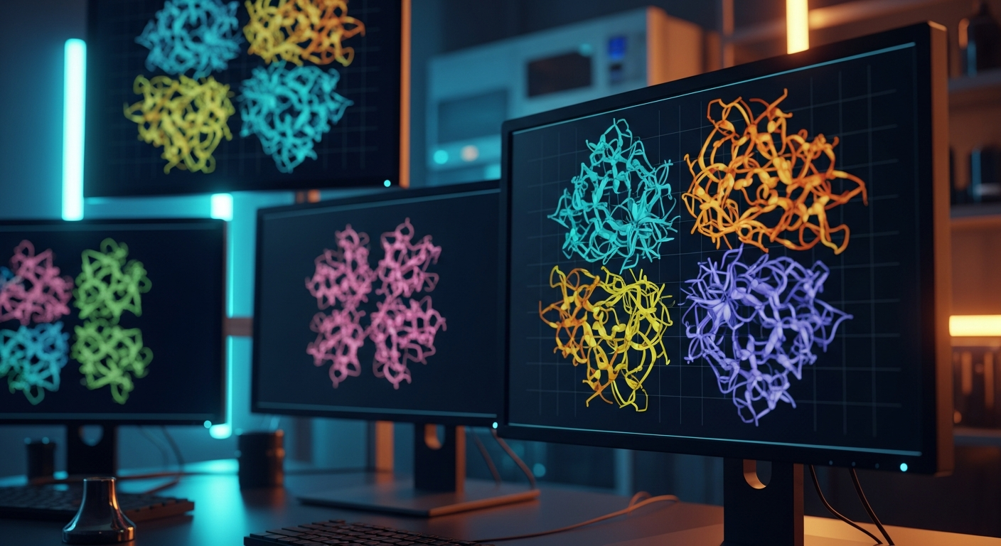 High-tech bioinformatics monitors in a sterile laboratory displaying detailed 3D protein-folding ribbon diagrams under dramatic cyan and amber lighting.