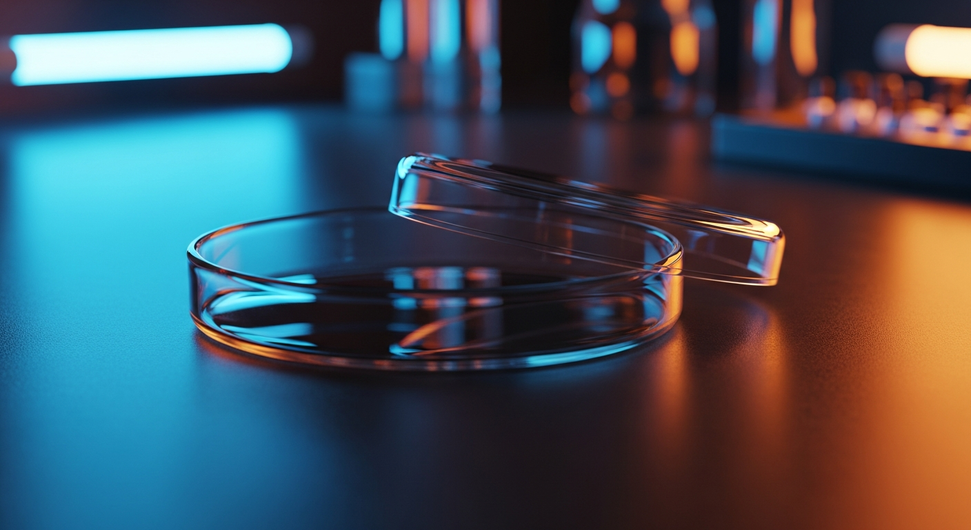 Close-up of a sterile glass petri dish on a dark reflective surface, illuminated by laboratory lighting in a high-tech facility.