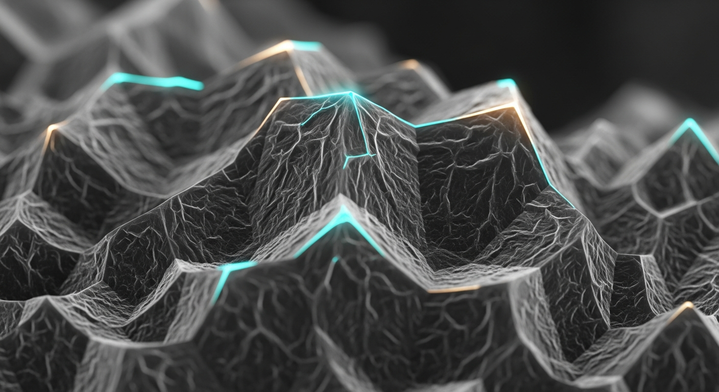 Black-and-white scanning electron microscope image of a crystalline microstructure.