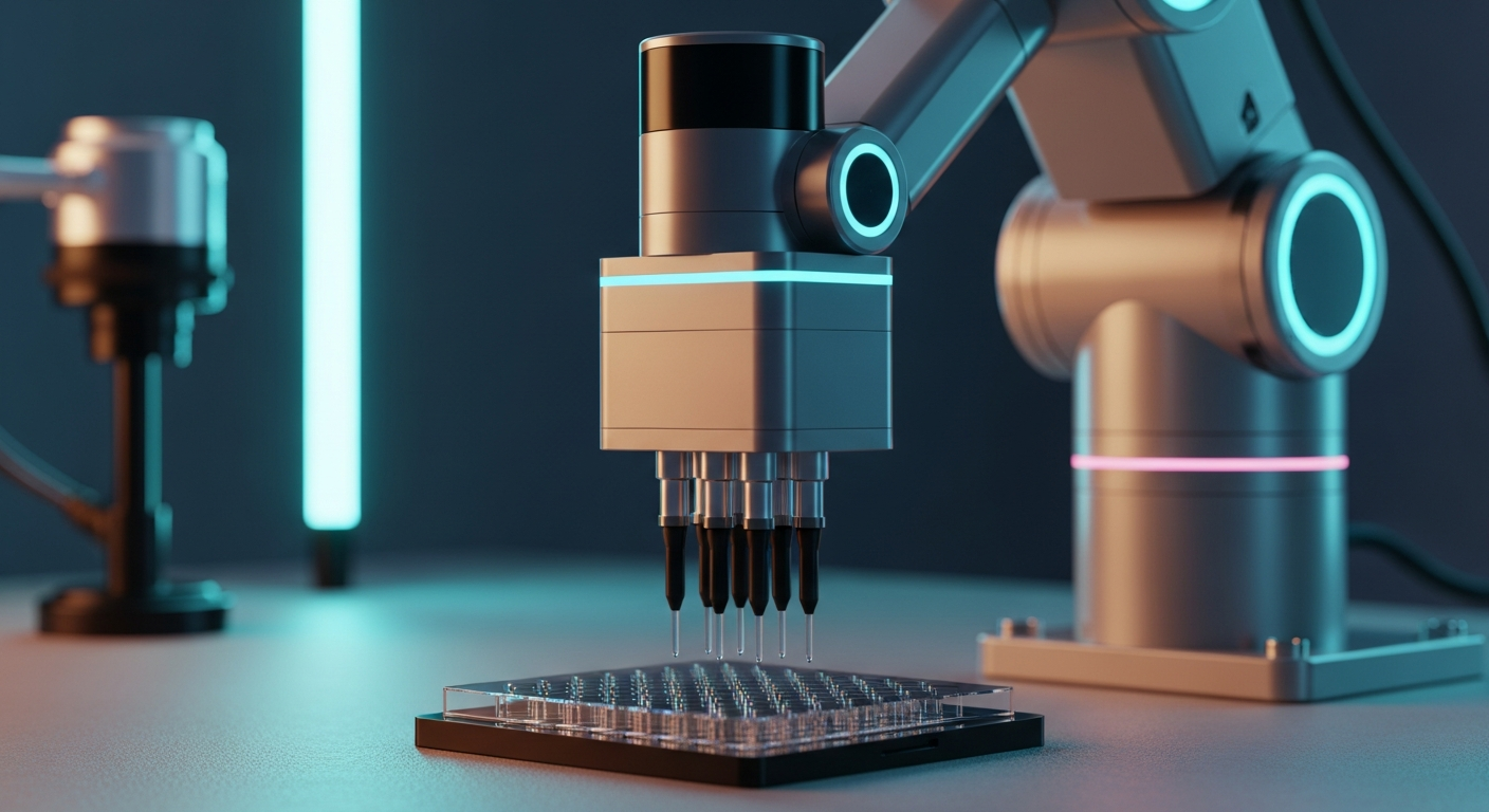 Sleek automated robotic liquid handler in a high-tech laboratory with dramatic cyan and amber lighting.