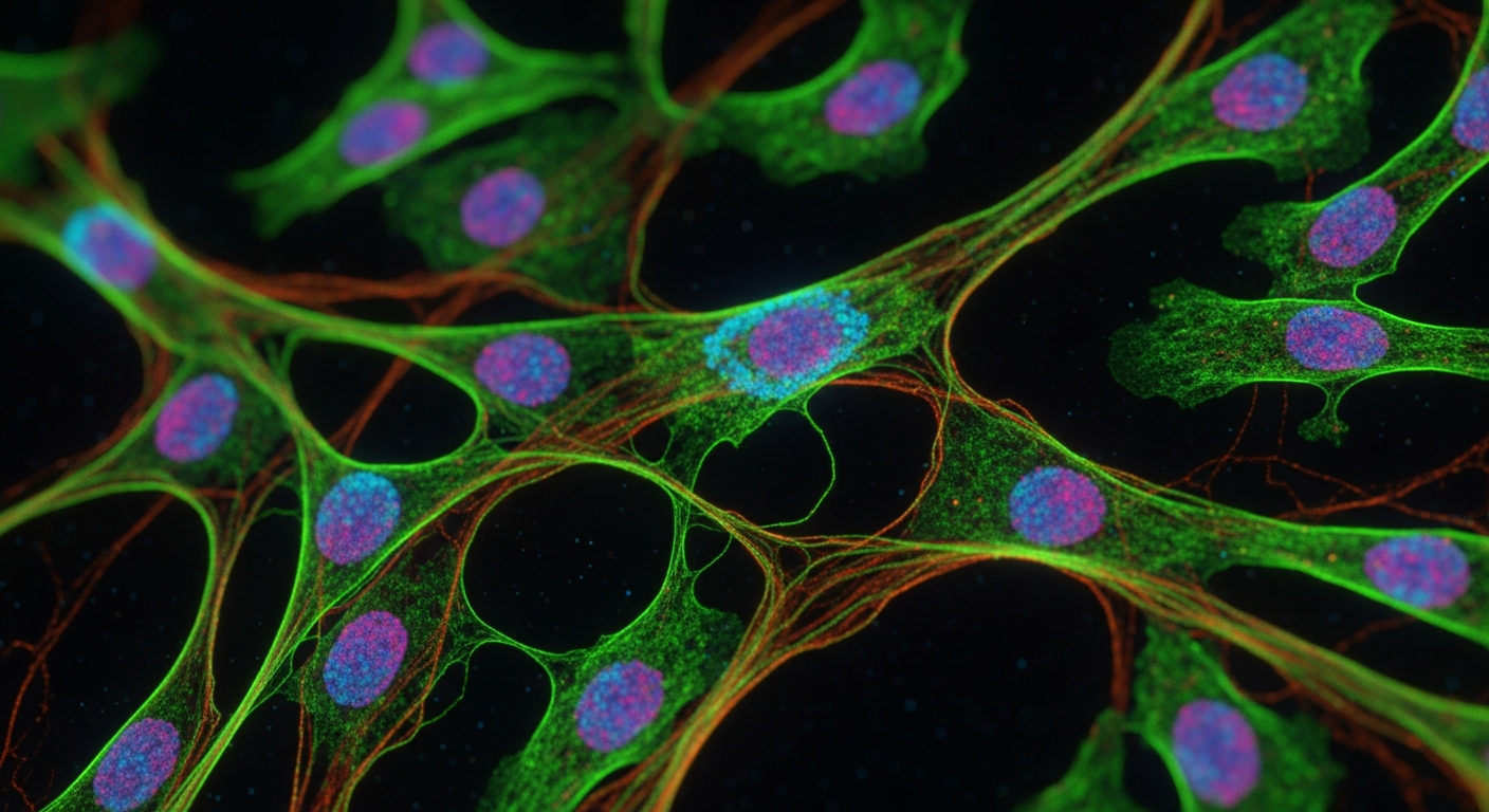 Vibrant fluorescent microscopy showing glowing neon green, magenta, and cyan cellular structures against a dark background.
