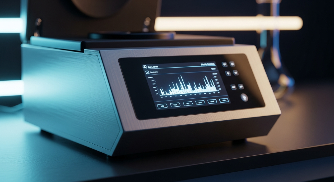 A modern high-speed laboratory centrifuge on a sleek dark bench, illuminated by dramatic cyan and amber cinematic lighting in a high-tech B2B laboratory.