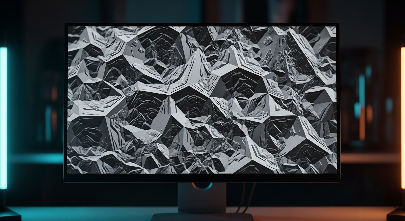 An ultra-high contrast, 3D textured black-and-white scanning electron microscope image of geometric crystalline structures displayed on a laboratory monitor with cinematic ambient lighting.