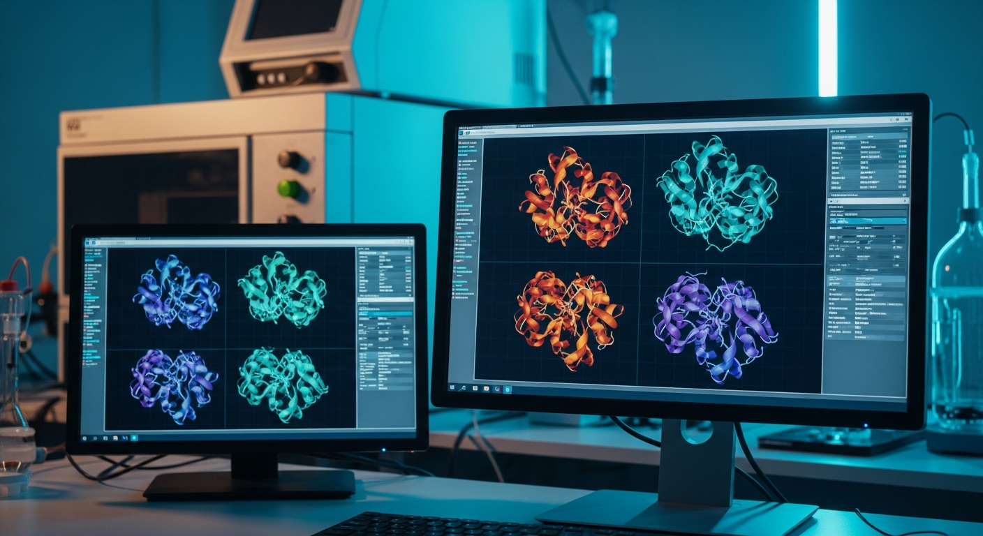 High-tech bioinformatics computer monitors displaying complex 3D protein-folding ribbon diagrams in a sterile laboratory environment with dramatic cyan and amber lighting.