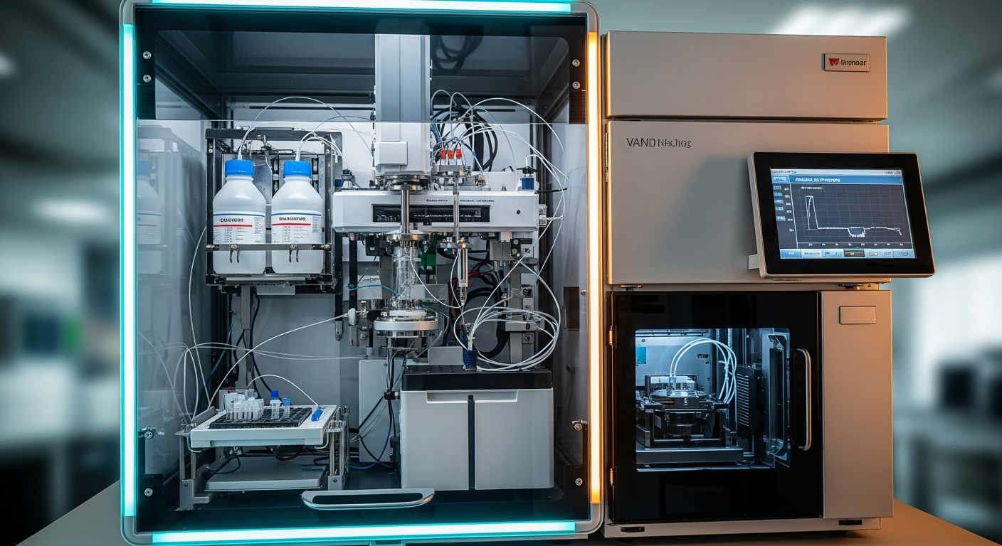 High-tech Liquid Chromatography HPLC machine operating in a sterile, modern laboratory cleanroom with dramatic cyan and amber lighting.